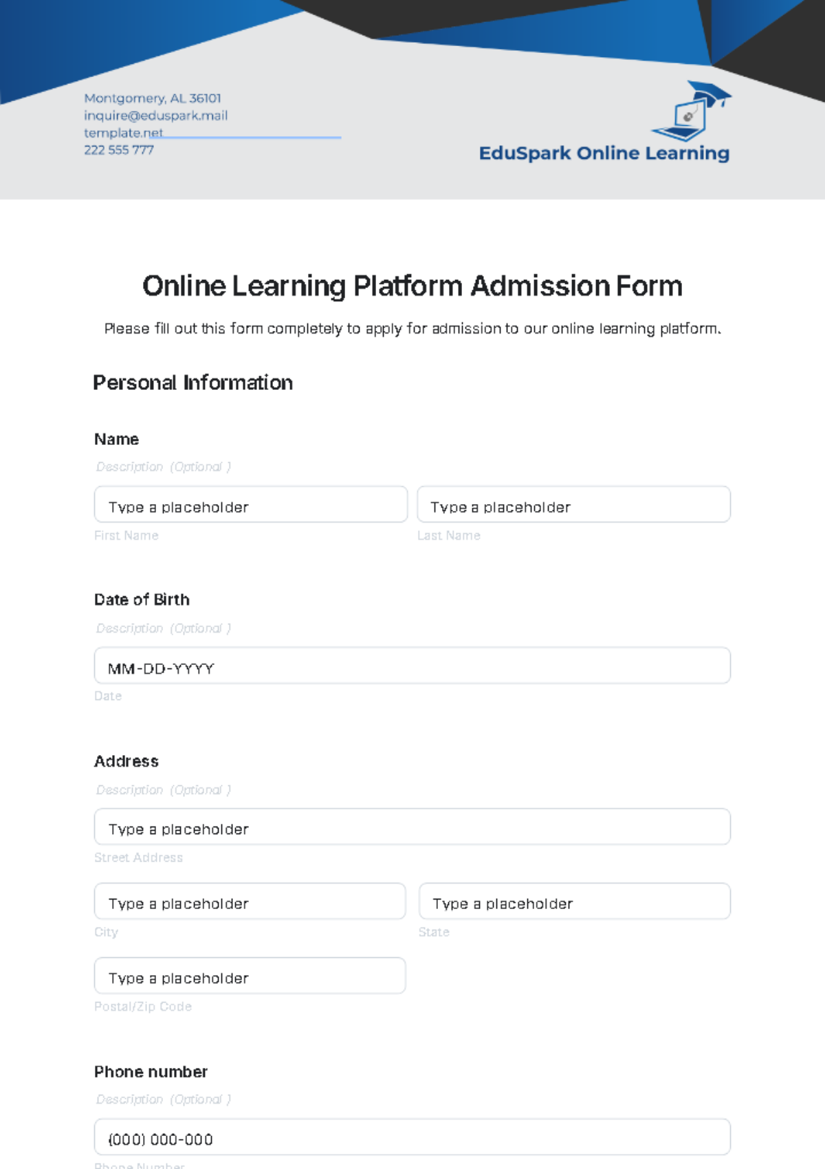 Free Online Learning Platform Admission Form Template