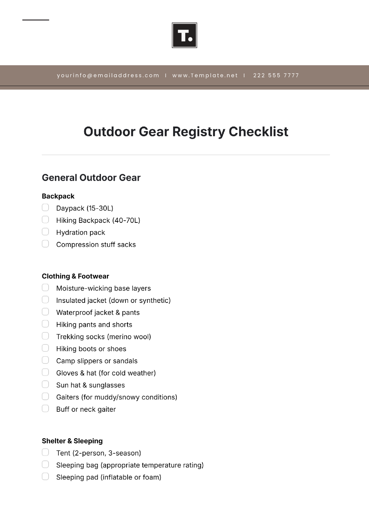 Outdoor Gear Registry Checklist Template