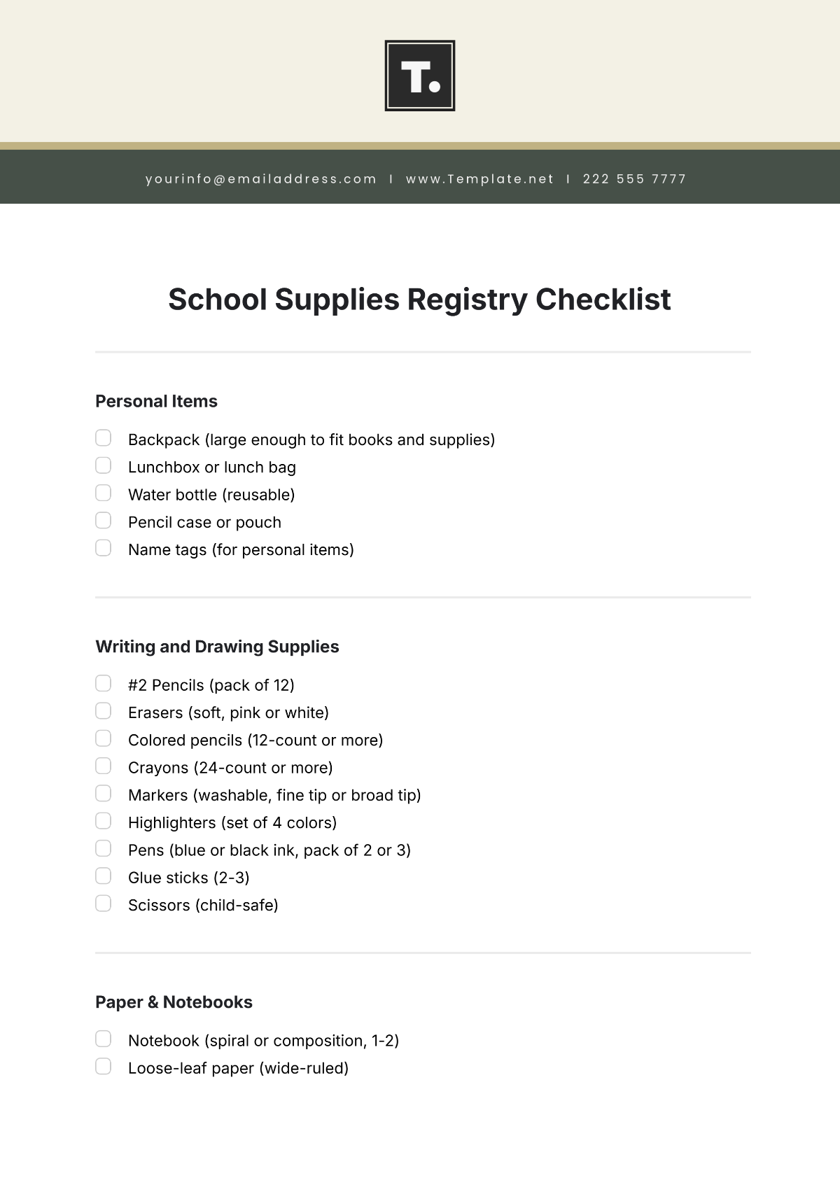 School Supplies Registry Checklist Template