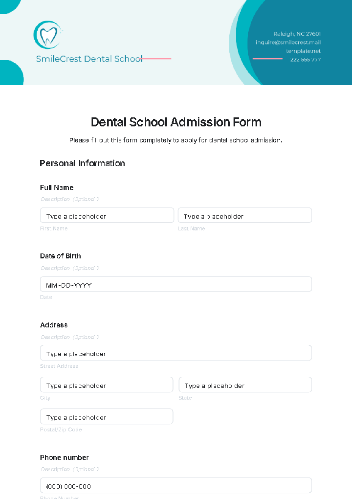 Free Dental School Admission Form Template