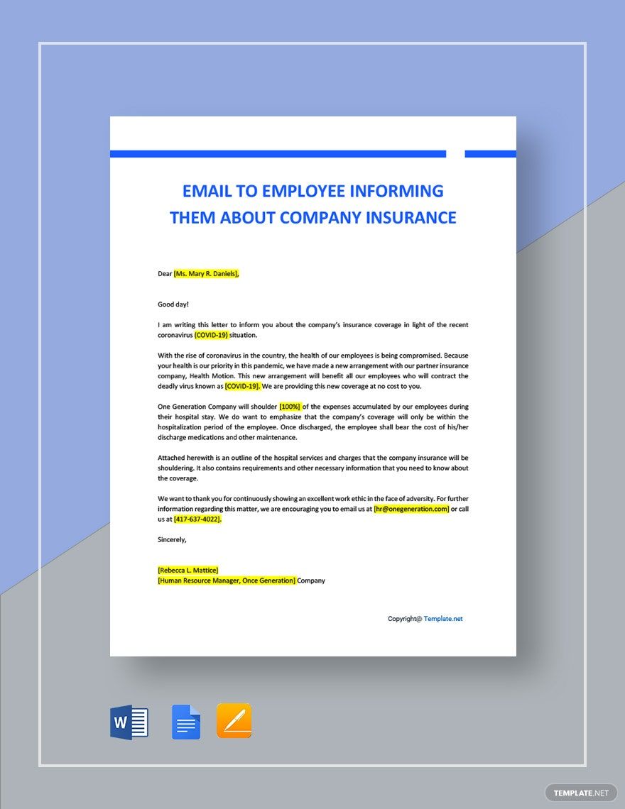 Email To Employee Informing Them About Company Insurance Covering COVID 19 Template in Word, Google Docs, PDF