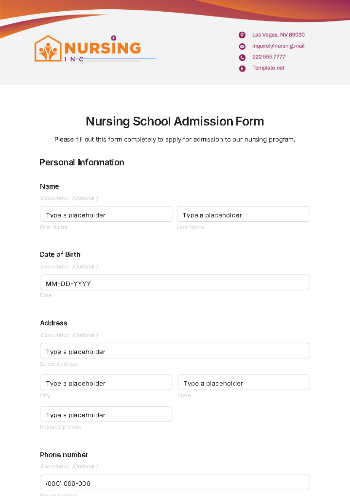 Nursing School Admission Form Template - Edit Online & Download