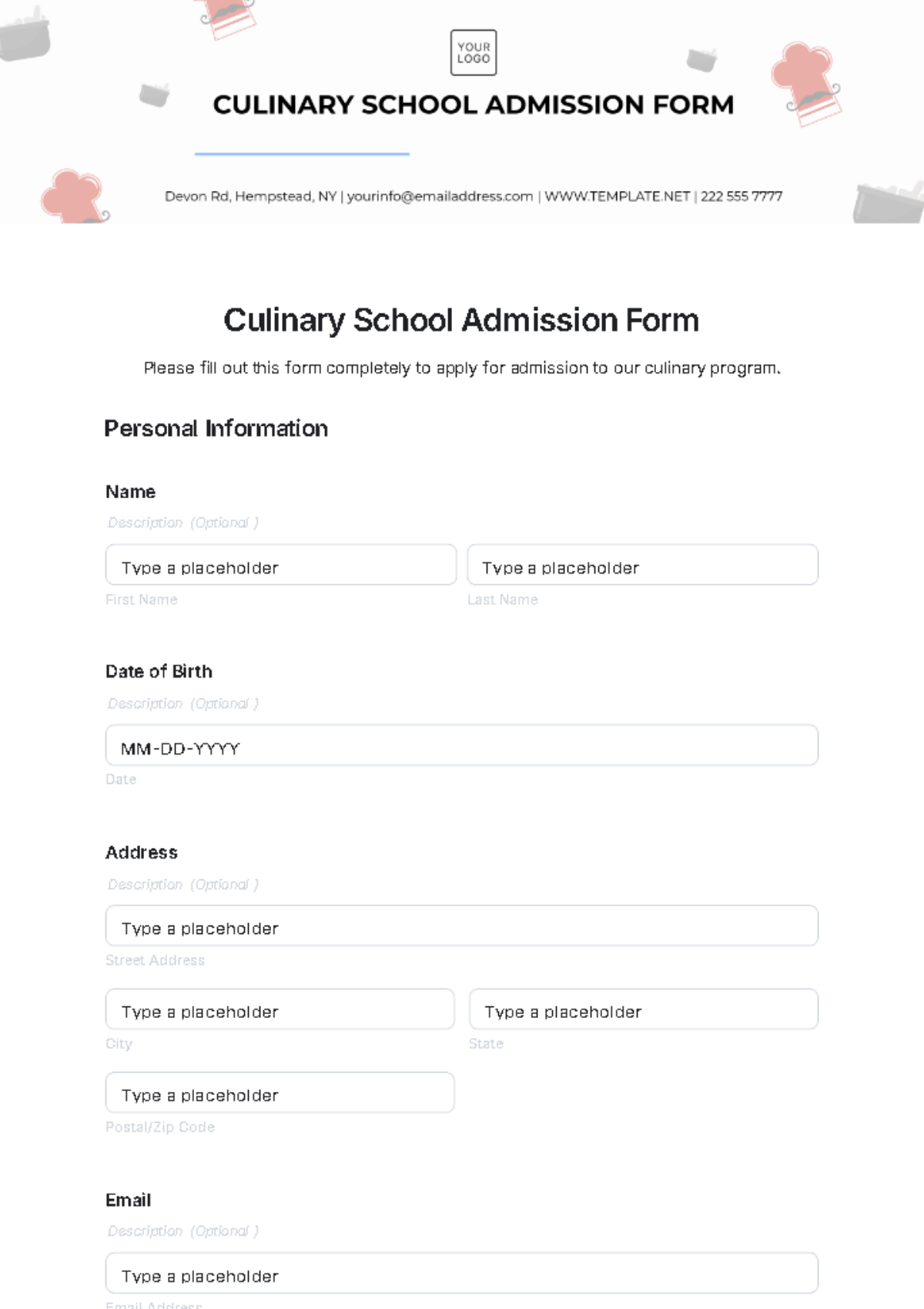 Culinary School Admission Form Template - Edit Online & Download