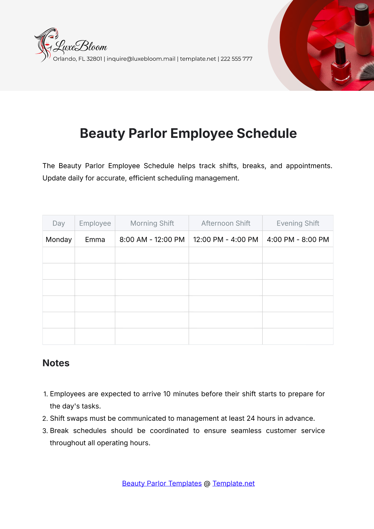 Beauty Parlor Employee Schedule Template - Edit Online & Download