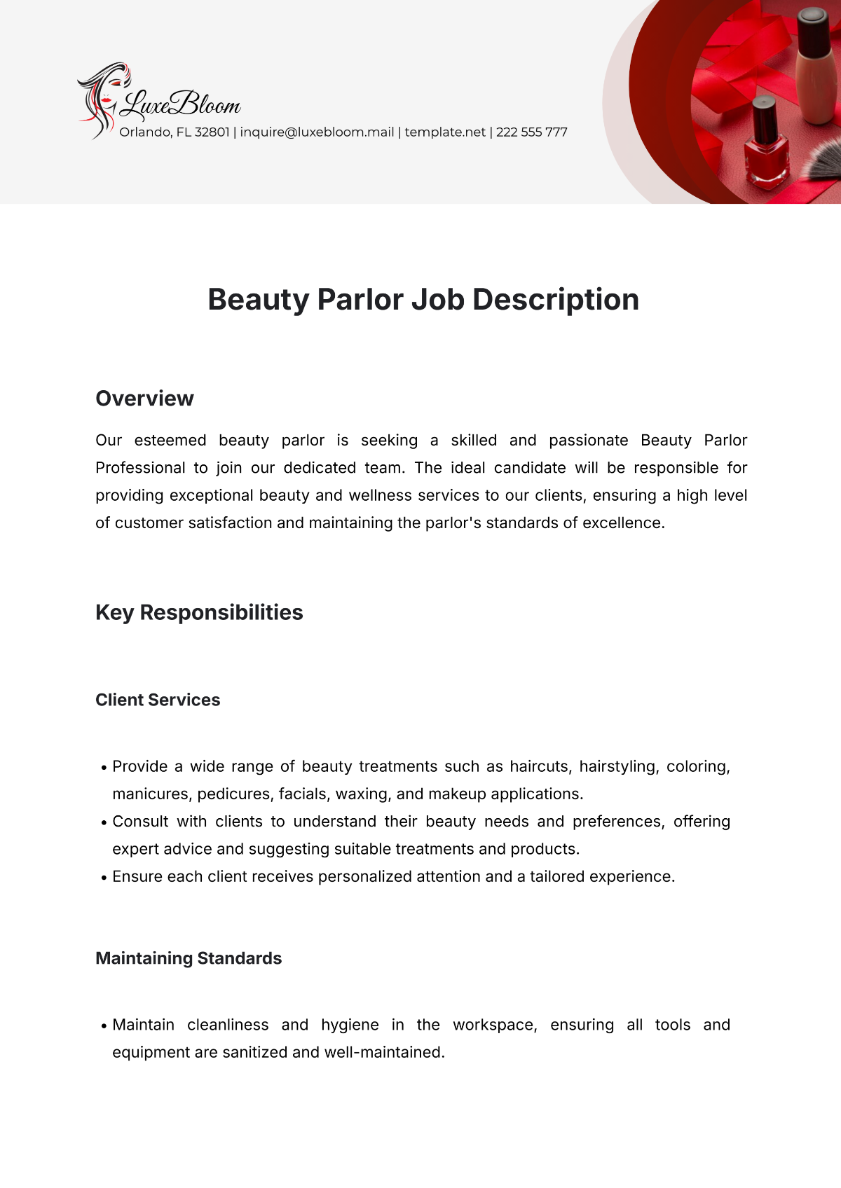 Beauty Parlor Job Description Template - Edit Online & Download