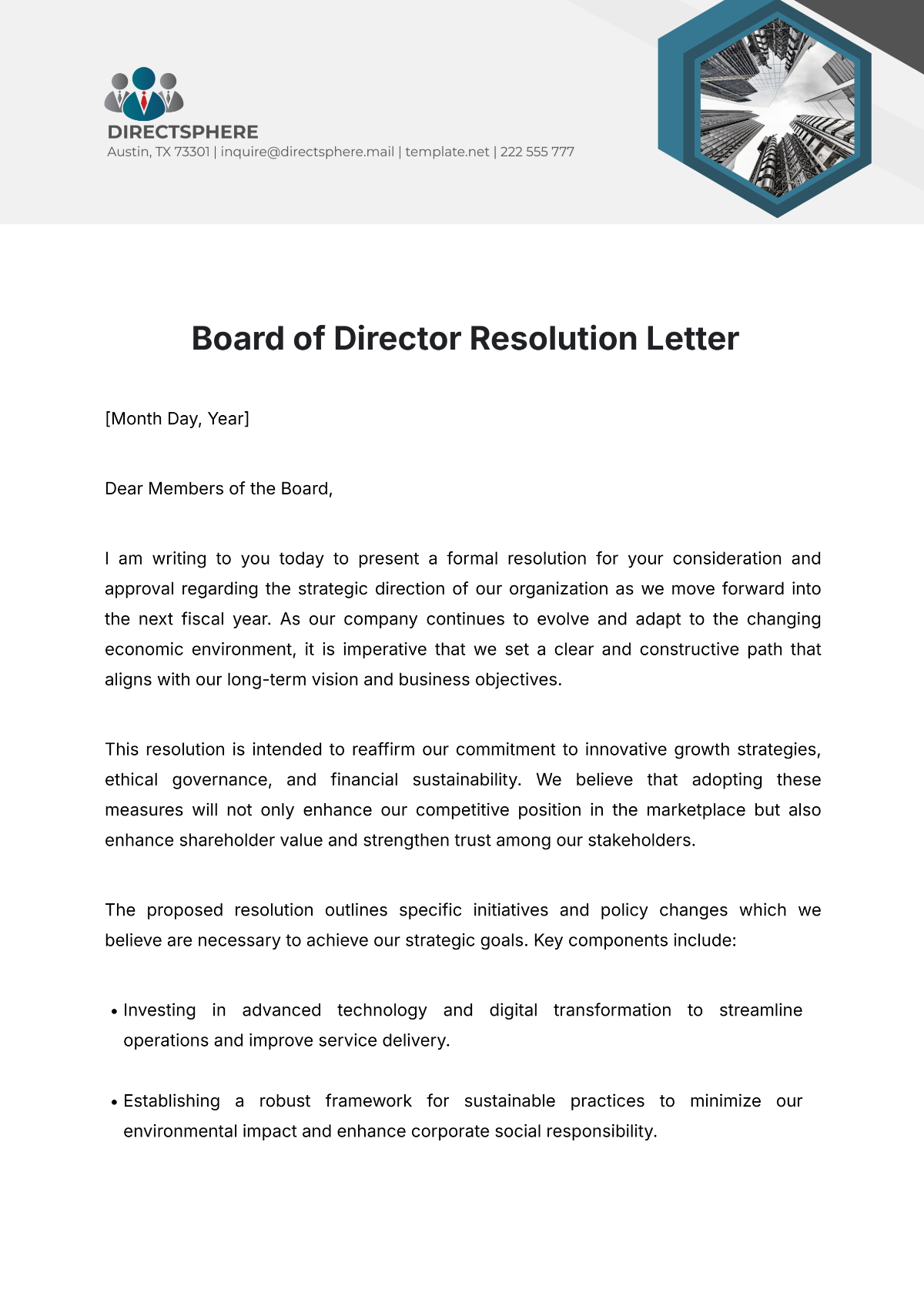 Board of Director Resolution Letter Template