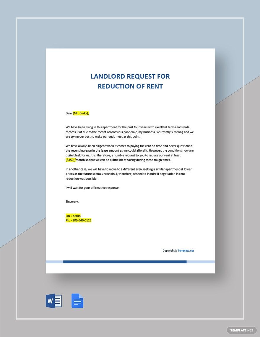 Letter to Landlord Request for Reduction of Rent