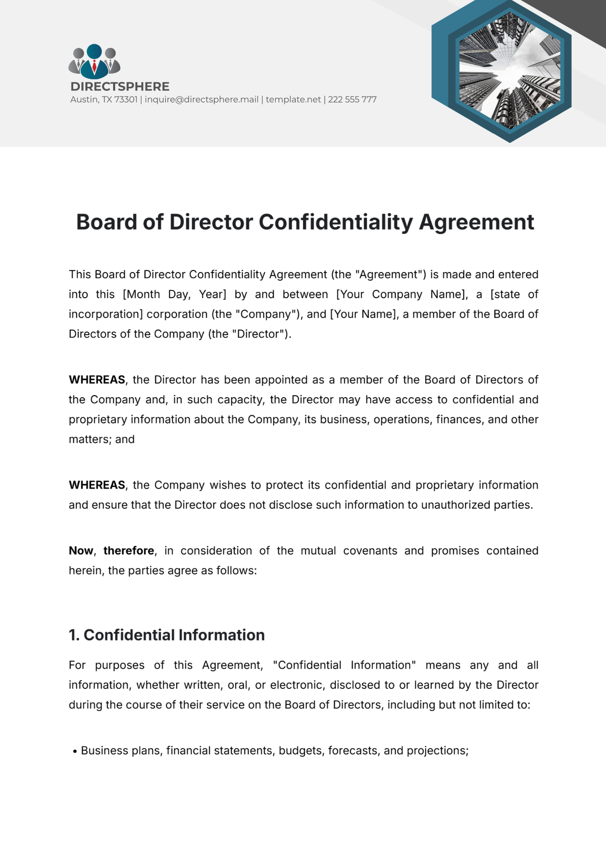 Board of Director Confidentiality Agreement Template