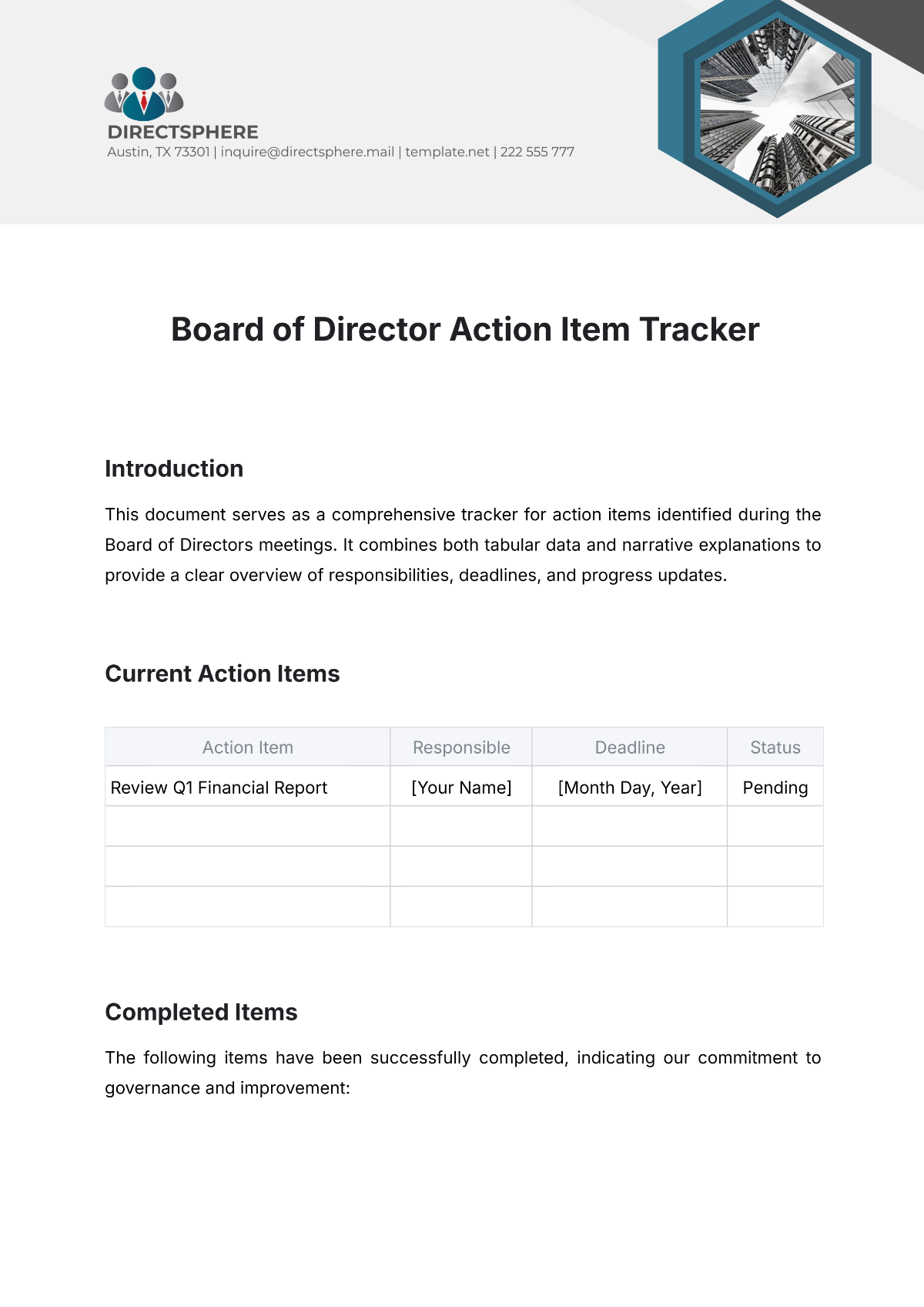 Board of Director Action Item Tracker Template