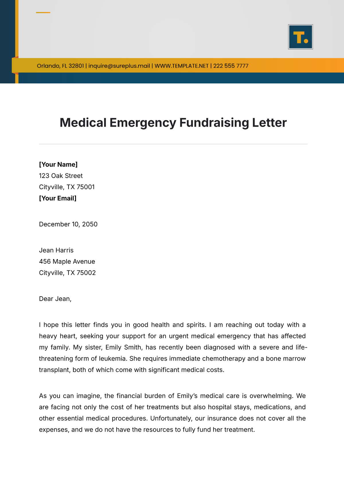 Medical Emergency Fundraising Letter Template - Edit Online & Download