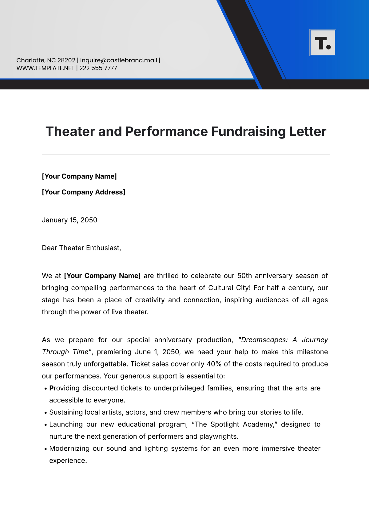 Theater and Performance Fundraising Letter Template - Edit Online & Download