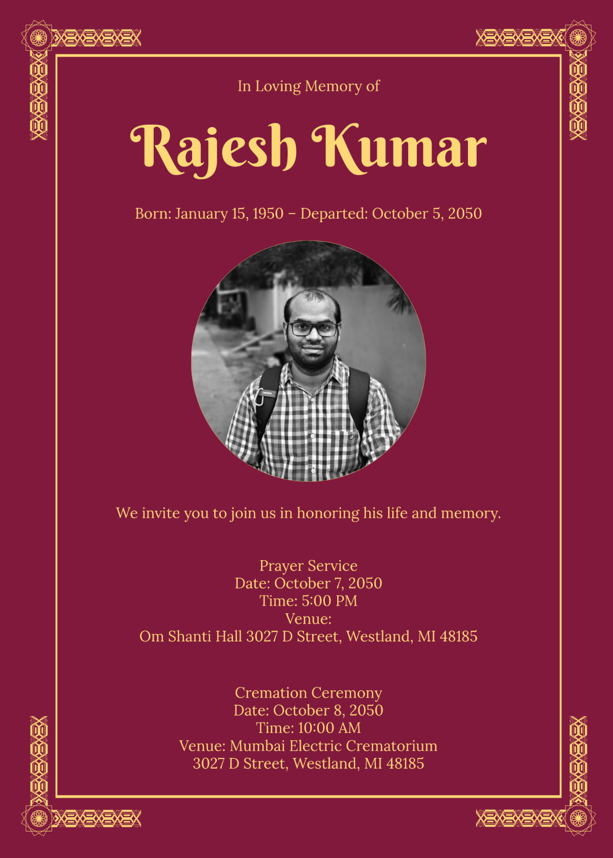 Indian Funeral Invitation Template - Edit Online & Download