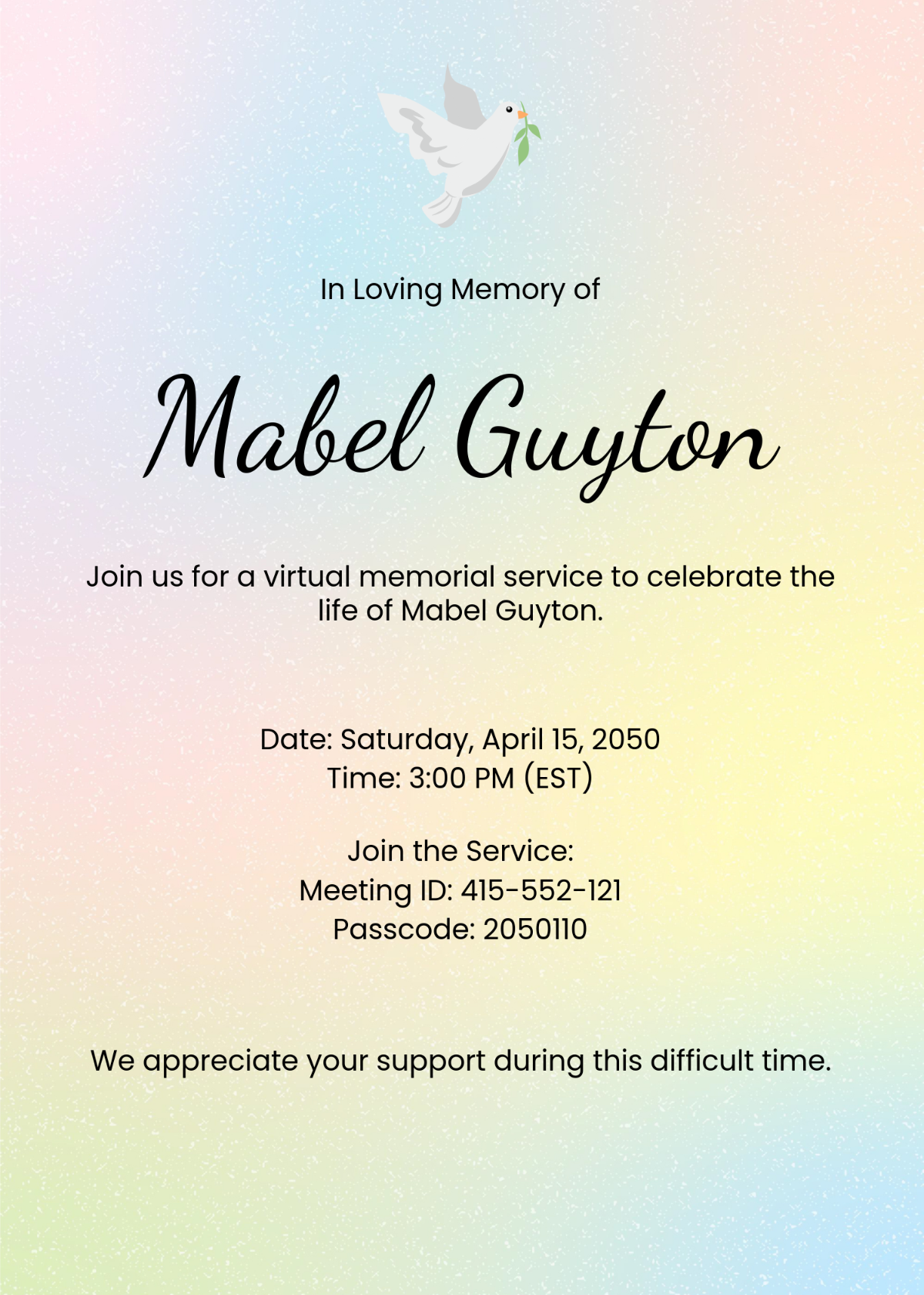 Colorful Virtual Funeral Invitation Template - Edit Online & Download