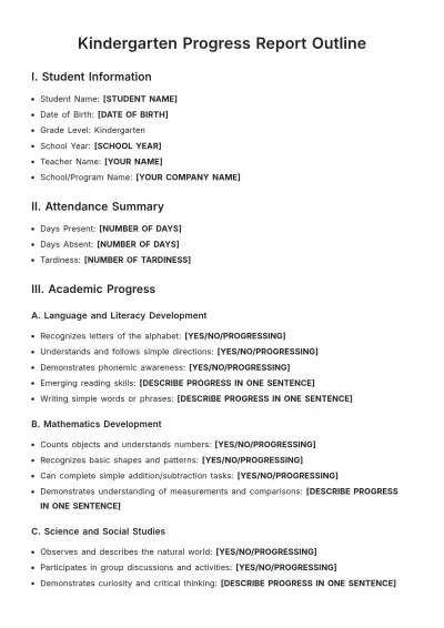 Free Kindergarten Progress Report Outline Template to Edit Online