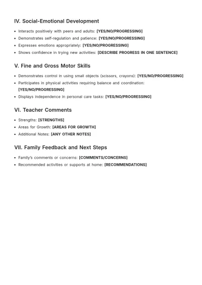 Free Kindergarten Progress Report Outline Template to Edit Online