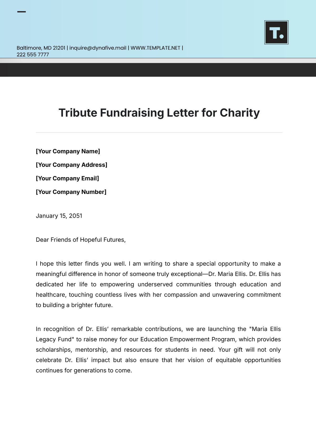 Tribute Fundraising Letter for Charity Template - Edit Online & Download