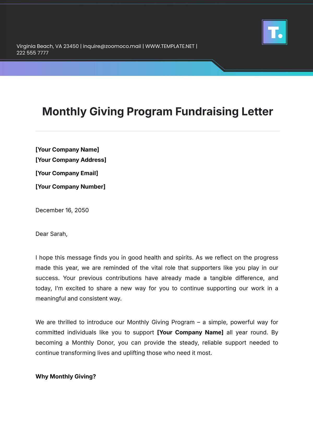 Monthly Giving Program Fundraising Letter Template - Edit Online & Download