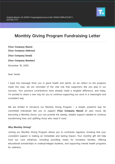 Free Monthly Giving Program Fundraising Letter Template to Edit Online