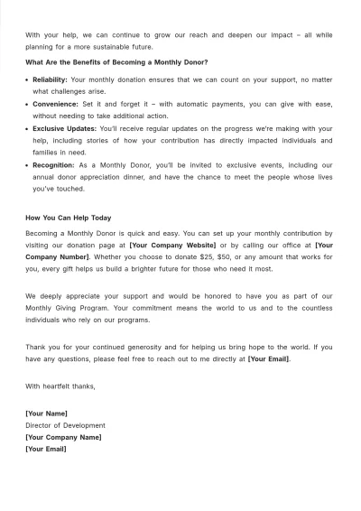 Free Monthly Giving Program Fundraising Letter Template to Edit Online