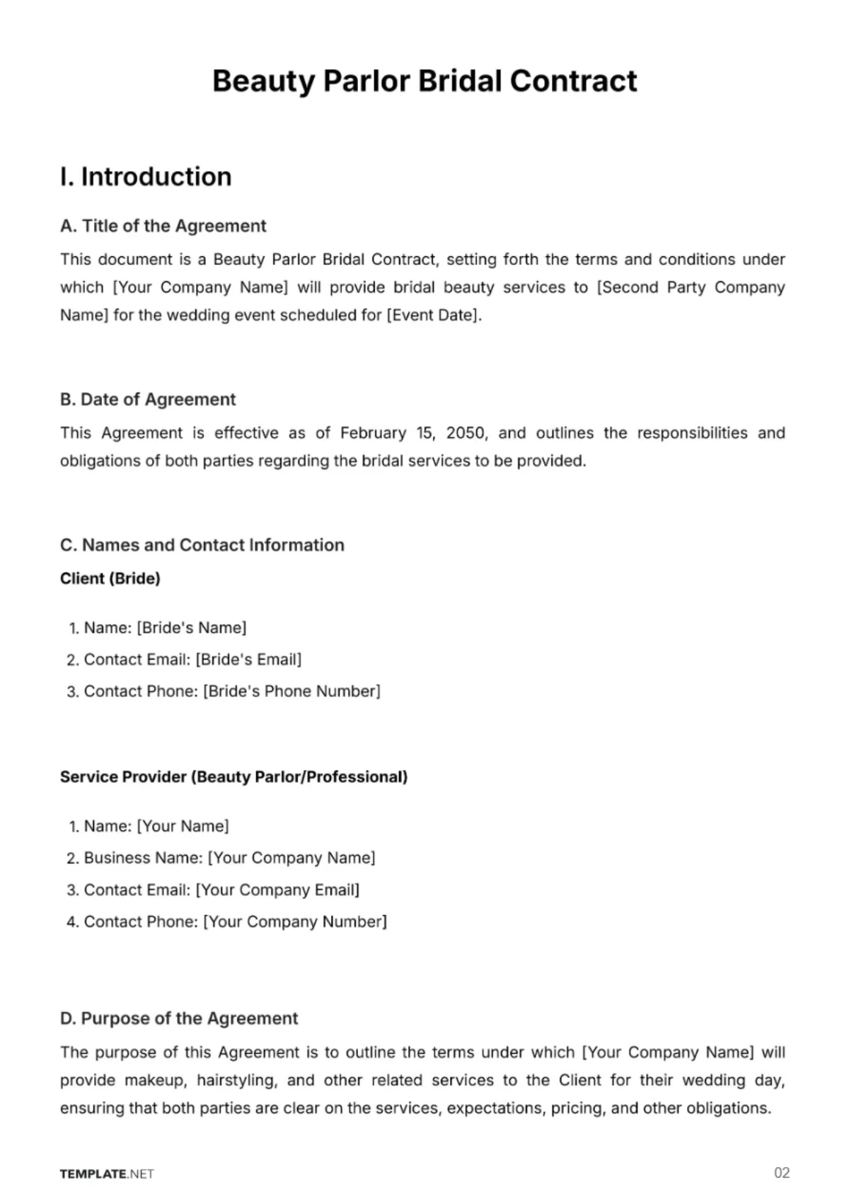 Free Beauty Parlor Bridal Contract Template to Edit Online