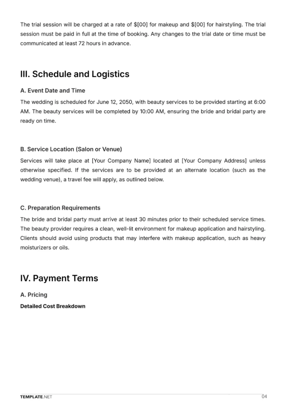 Free Beauty Parlor Bridal Contract Template to Edit Online
