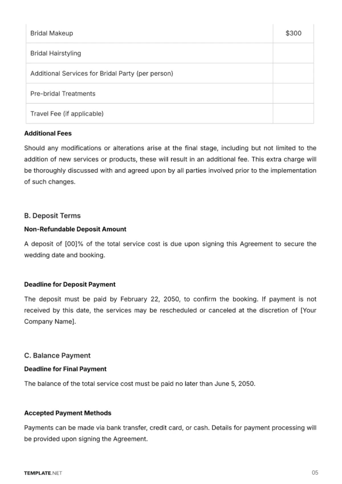 Free Beauty Parlor Bridal Contract Template to Edit Online