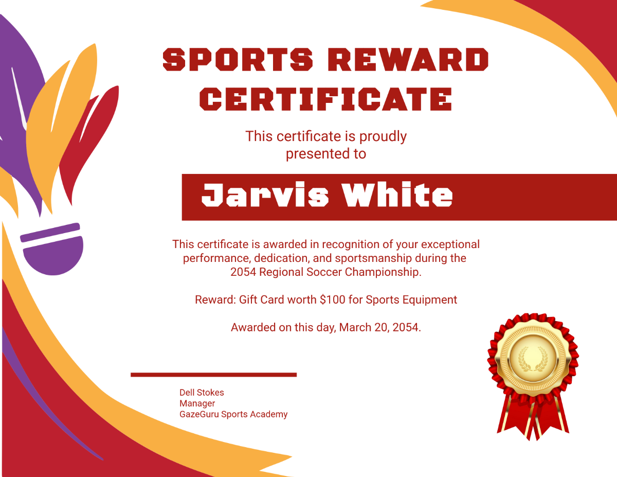 Colorful Reward Certificate for Sports Template