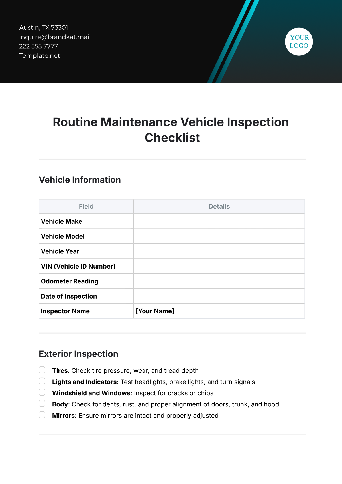 Routine Maintenance Vehicle Inspection Checklist Template