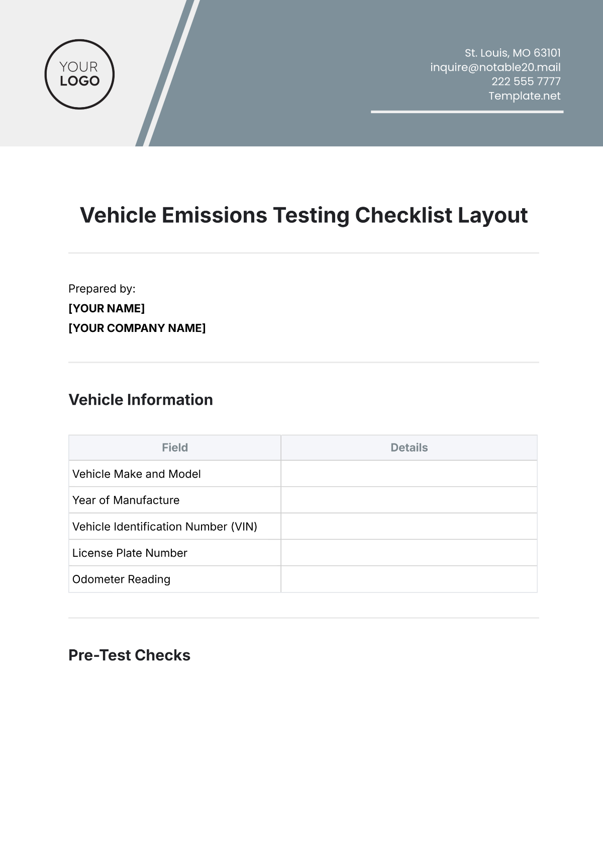 Vehicle Emissions Testing Checklist Layout Template