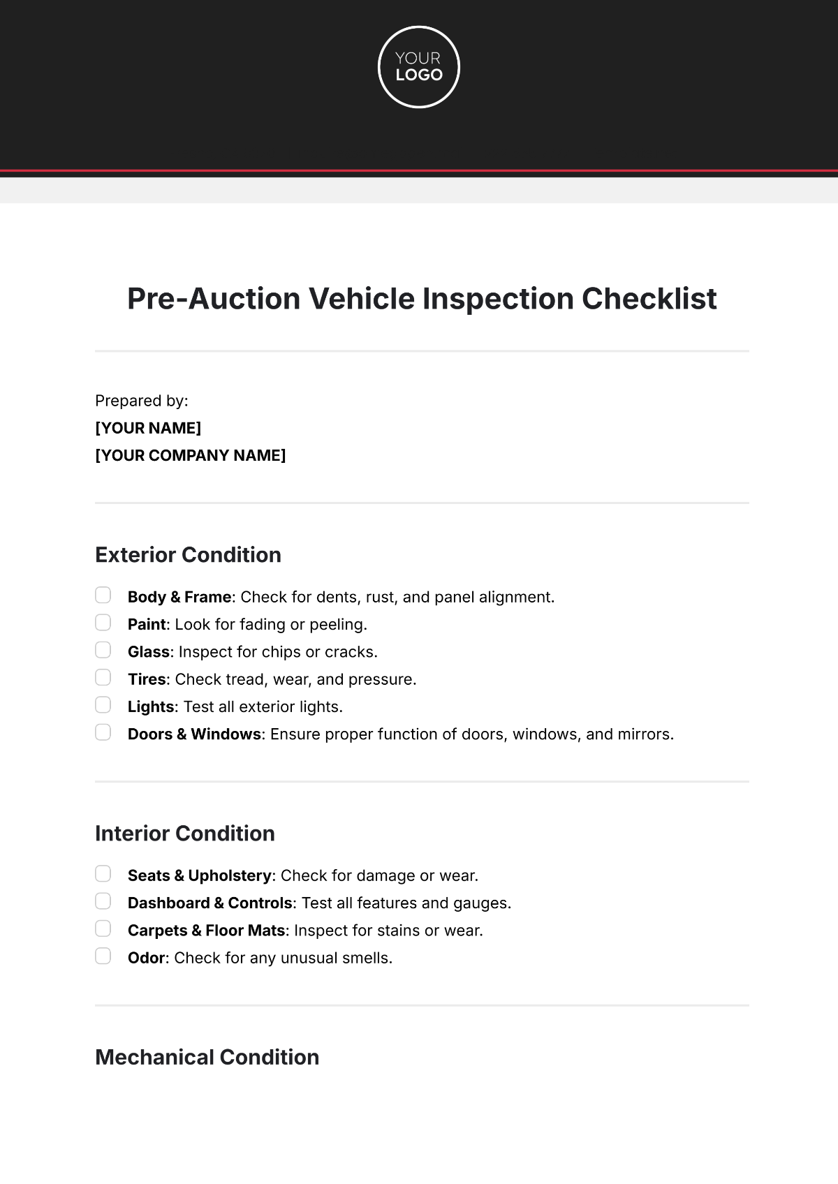 Pre-Auction Vehicle Inspection Checklist Template