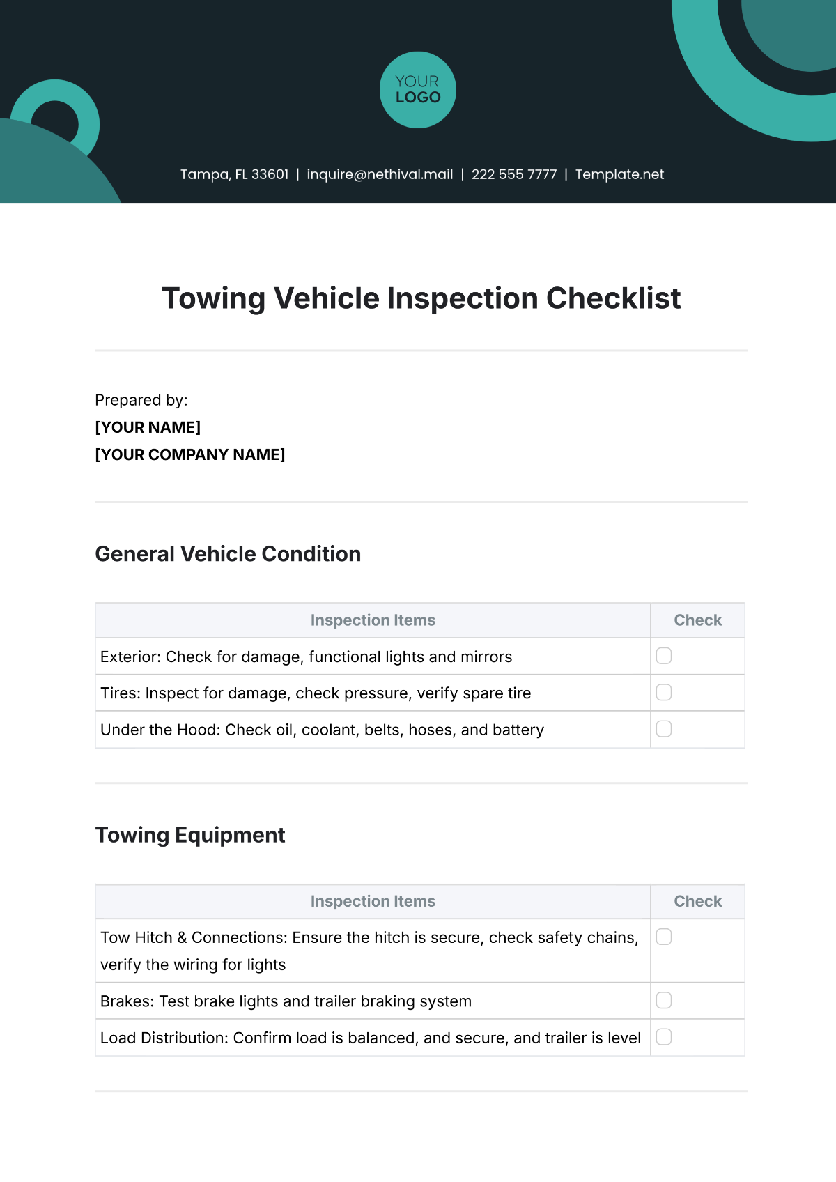 Towing Vehicle Inspection Checklist Template