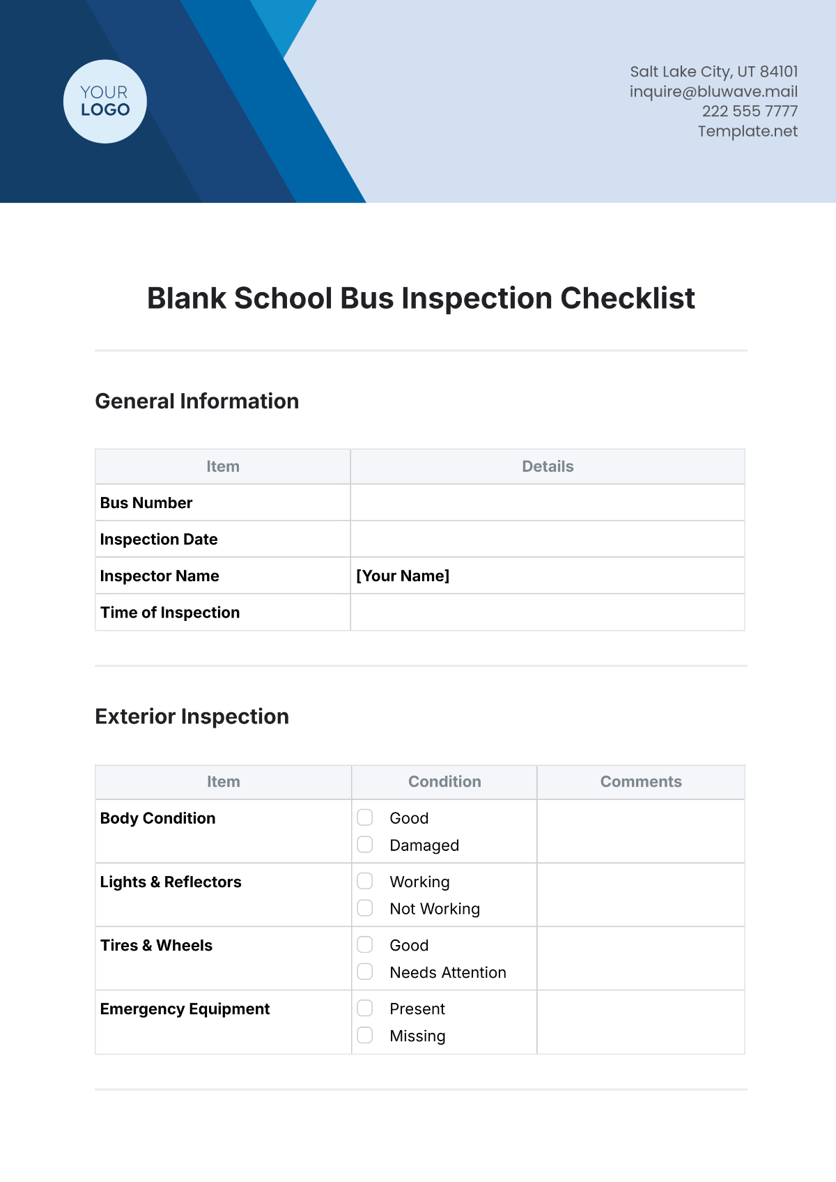 Blank School Bus Inspection Checklist Template