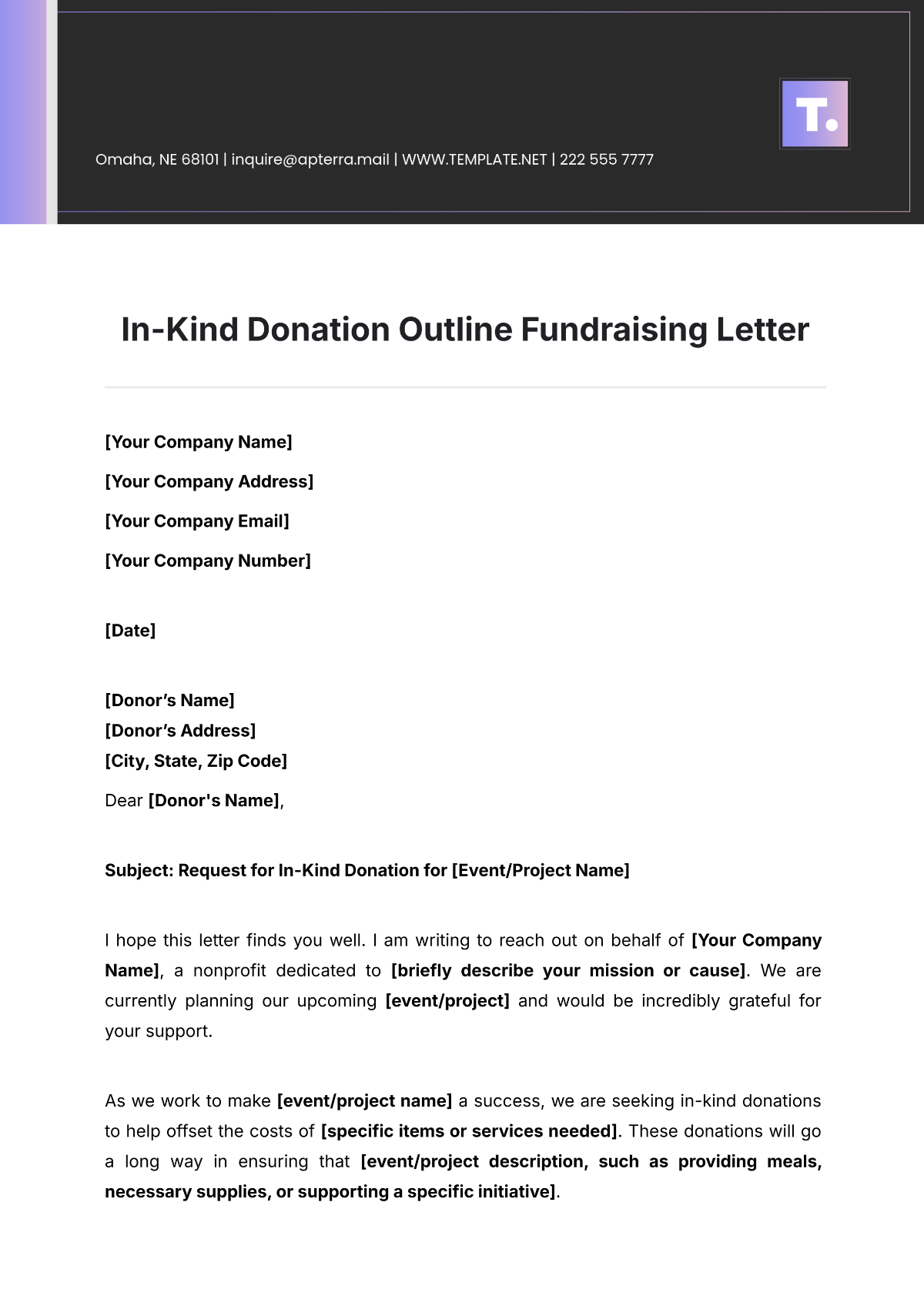 In-Kind Donation Outline Fundraising Letter Template - Edit Online & Download