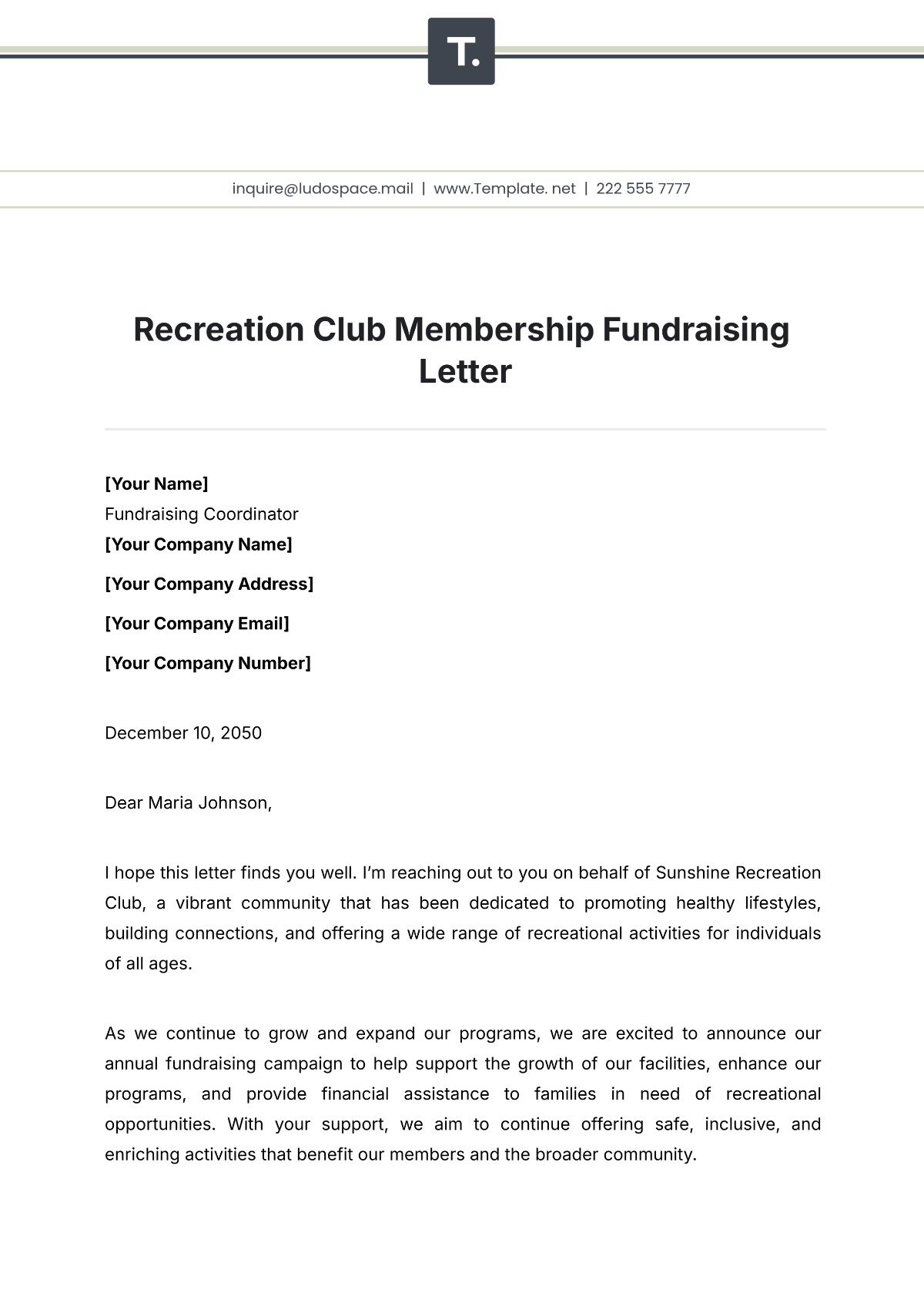 Recreation Club Membership Fundraising Letter Template | Template.net