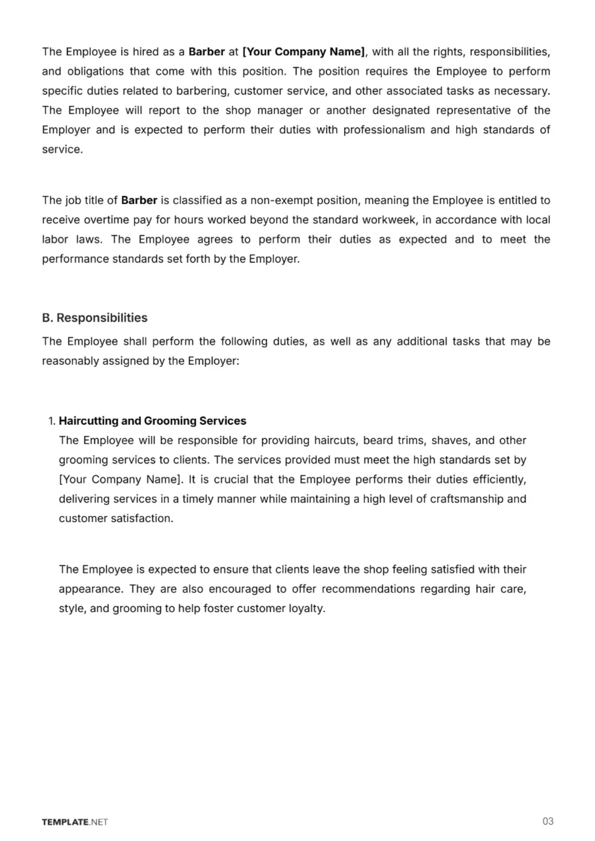 Free Barber Shop Employment Contract Template to Edit Online
