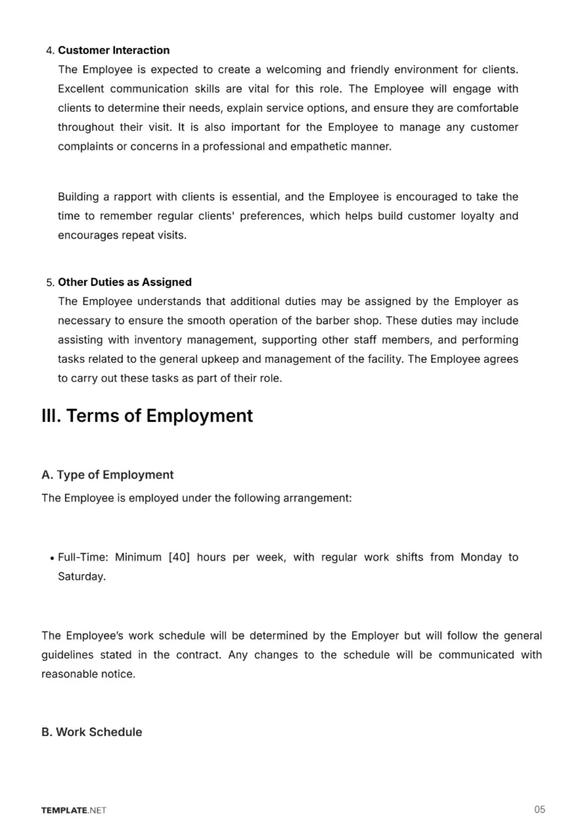 Free Barber Shop Employment Contract Template to Edit Online