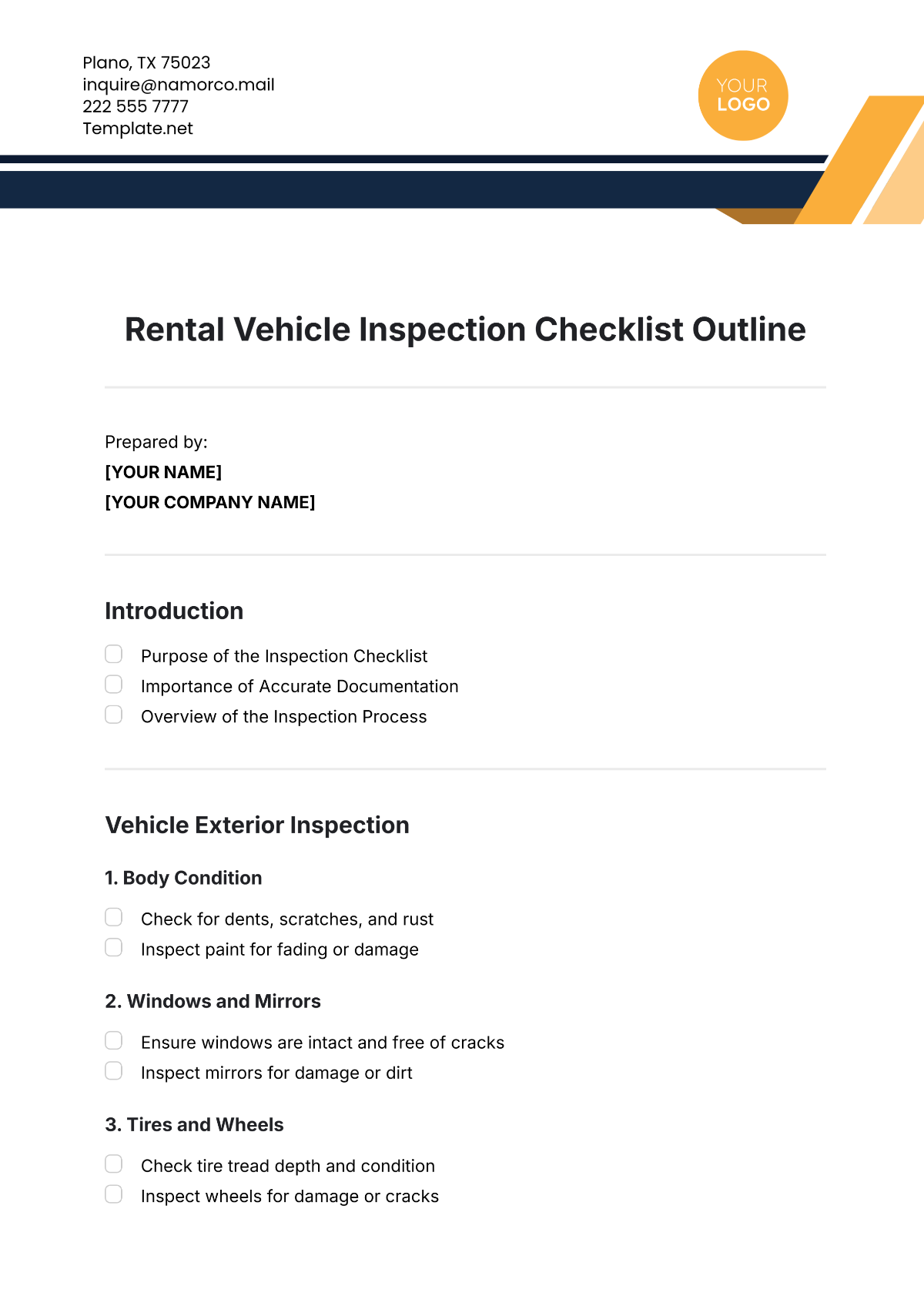 Rental Vehicle Inspection Checklist Outline Template - Edit Online & Download