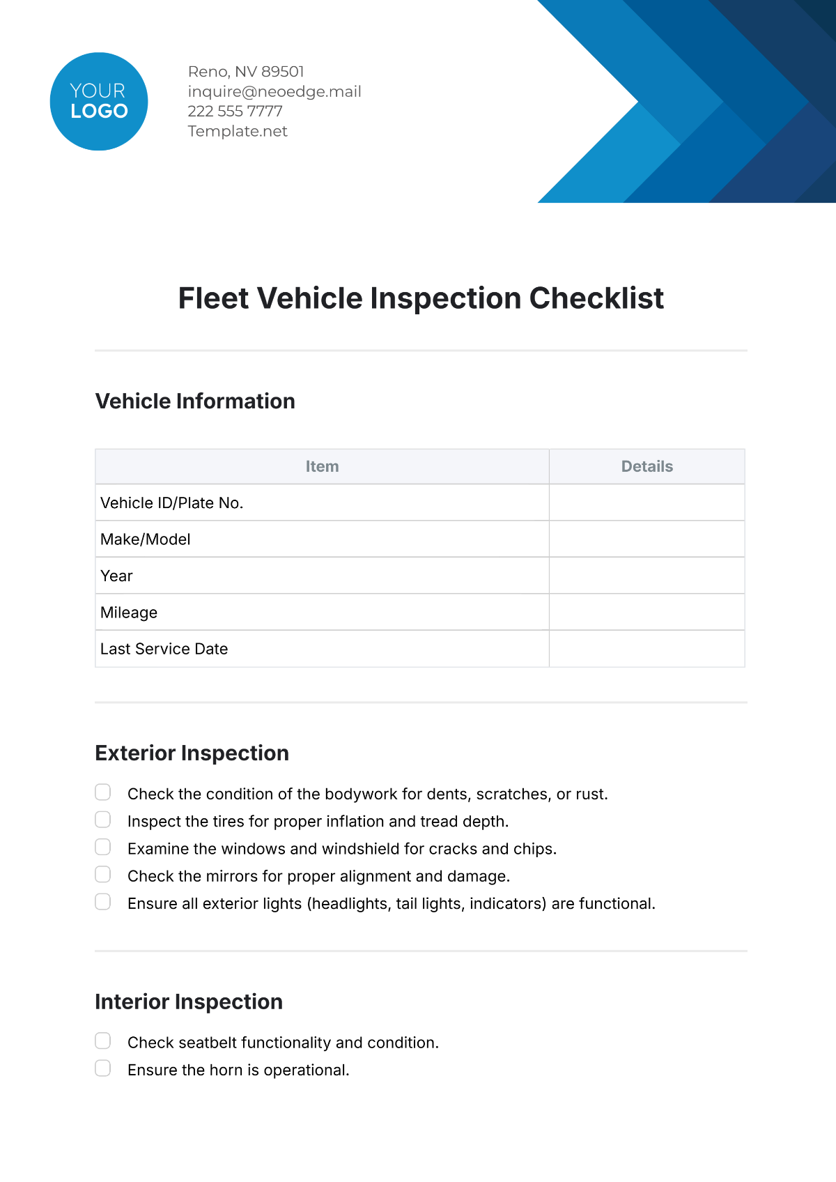 Fleet Vehicle Inspection Checklist Template - Edit Online & Download