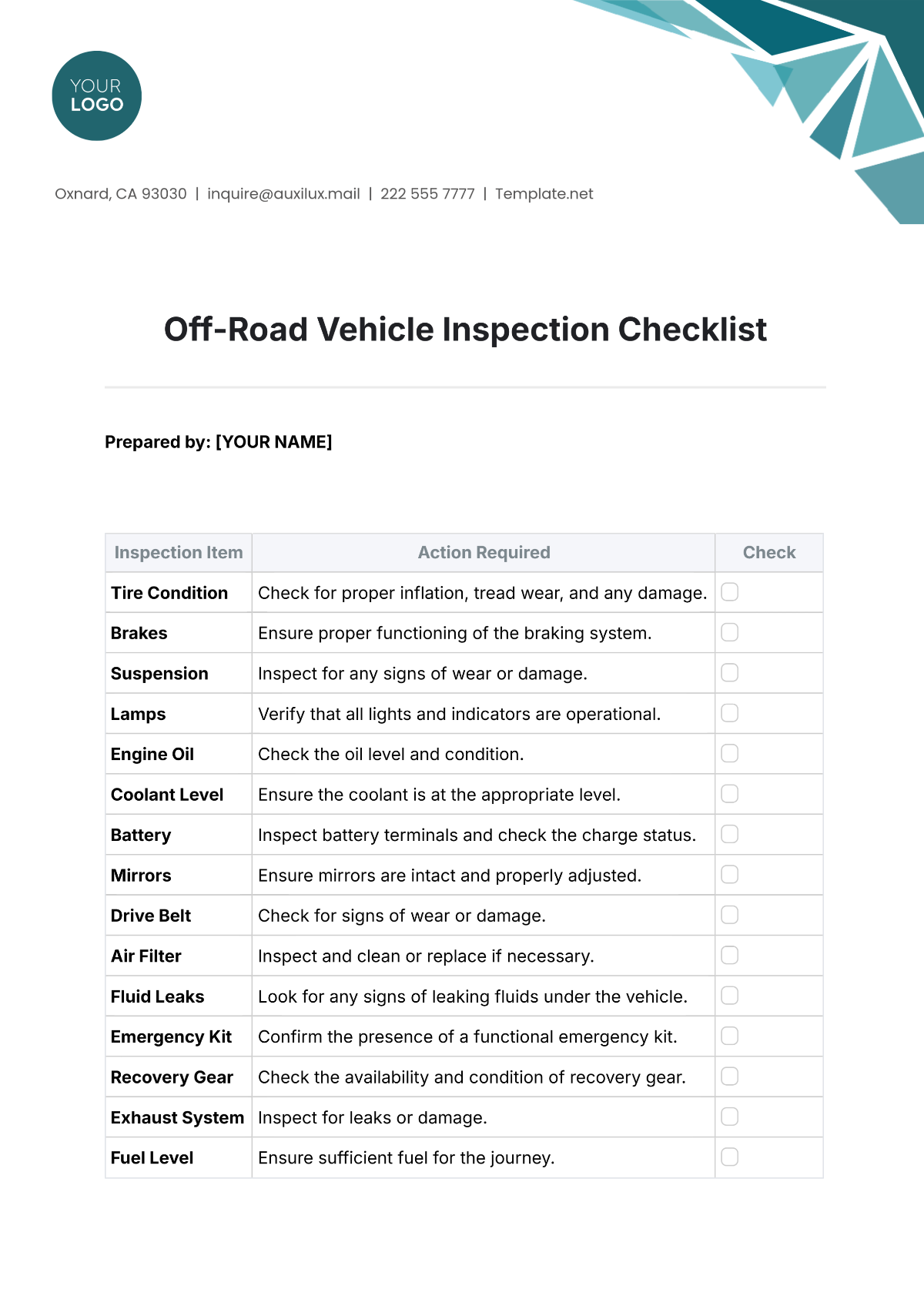 Off-Road Vehicle Inspection Checklist Template - Edit Online & Download