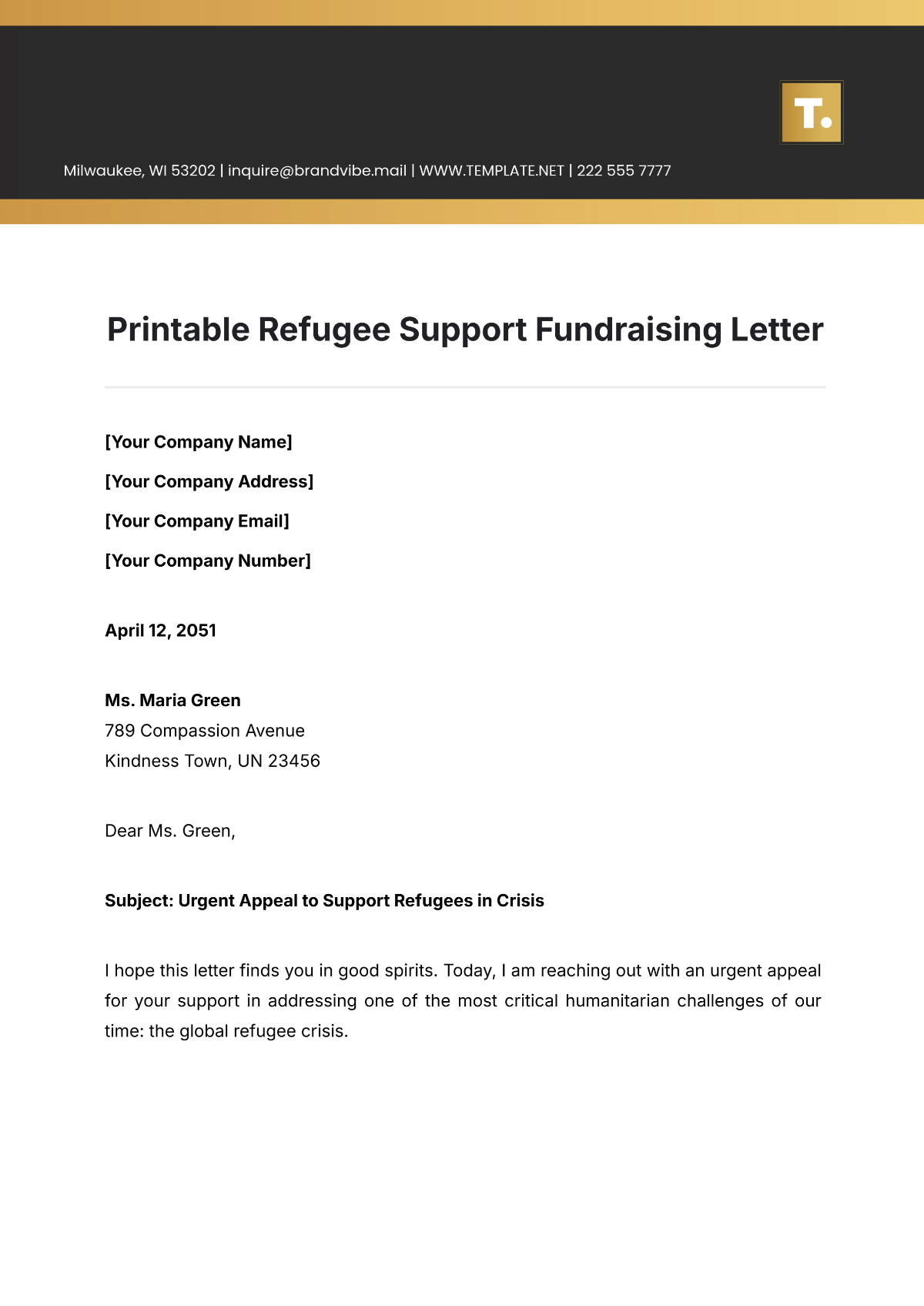 Printable Refugee Support Fundraising Letter Template