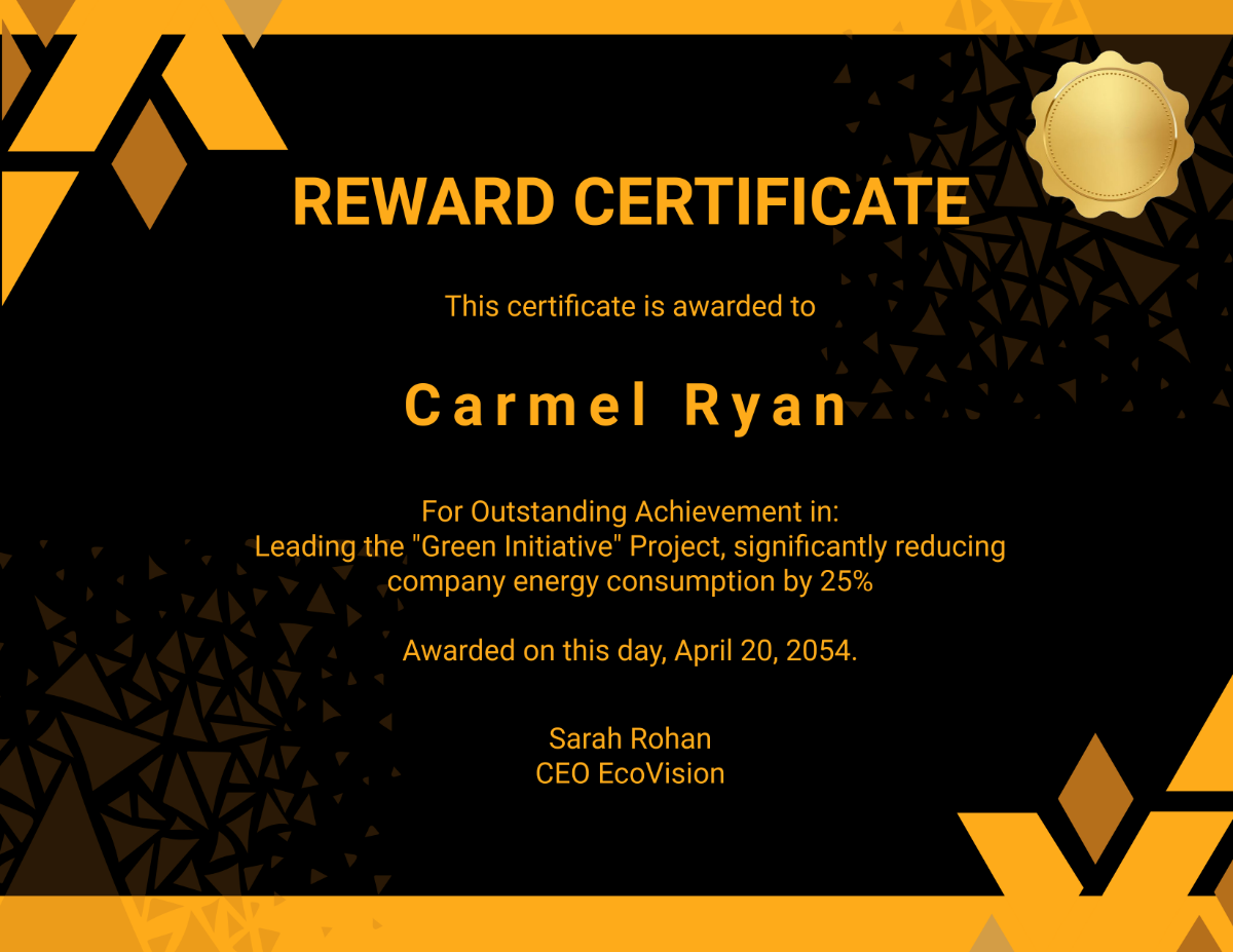 Reward Certificate for Recognition Template