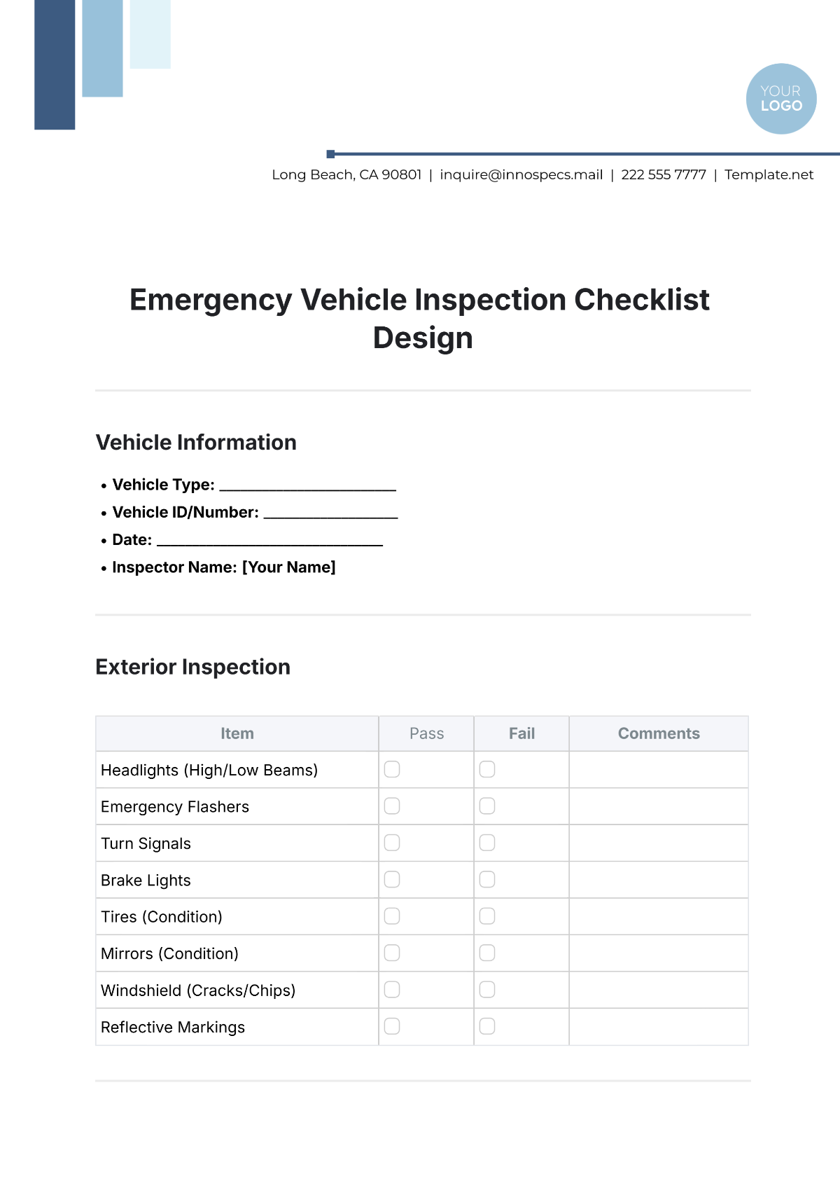 Emergency Vehicle Inspection Checklist Design Template - Edit Online & Download