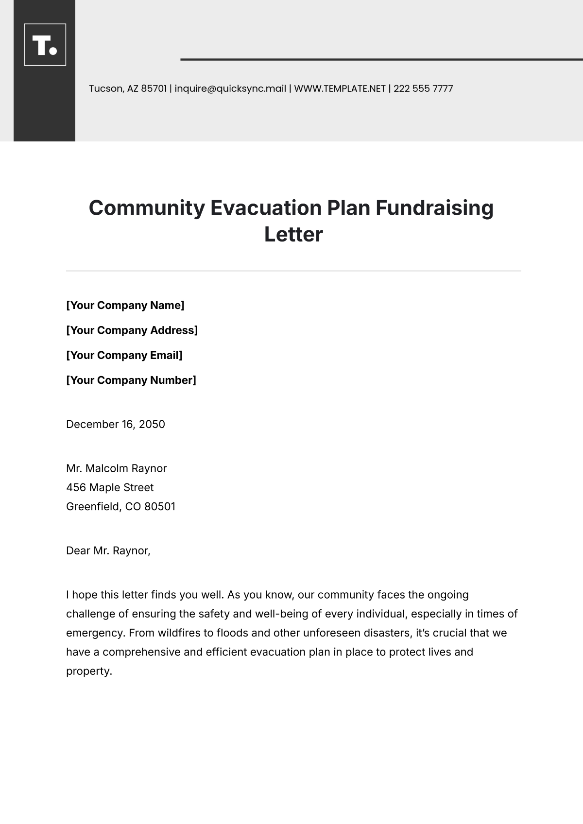 Community Evacuation Plan Fundraising Letter Template