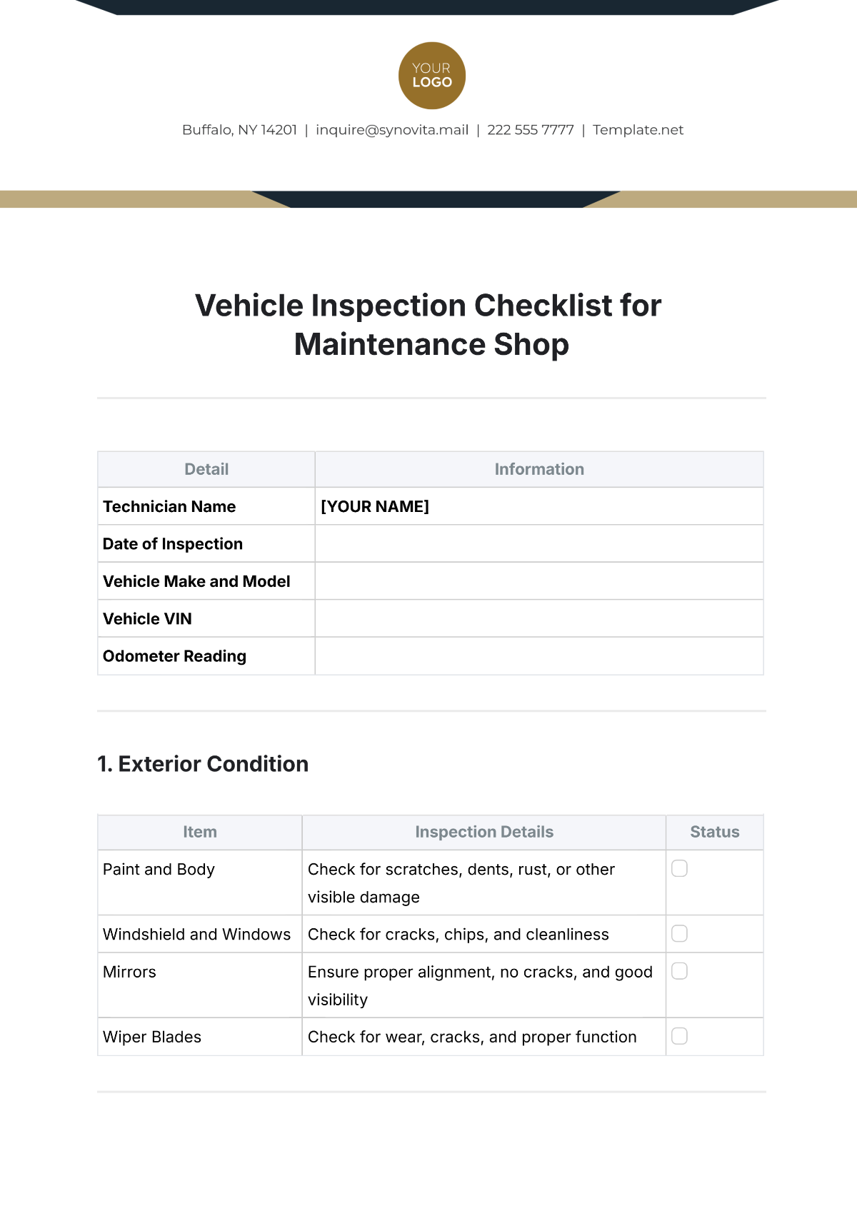 Vehicle Inspection Checklist for Maintenance Shop Template - Edit Online & Download