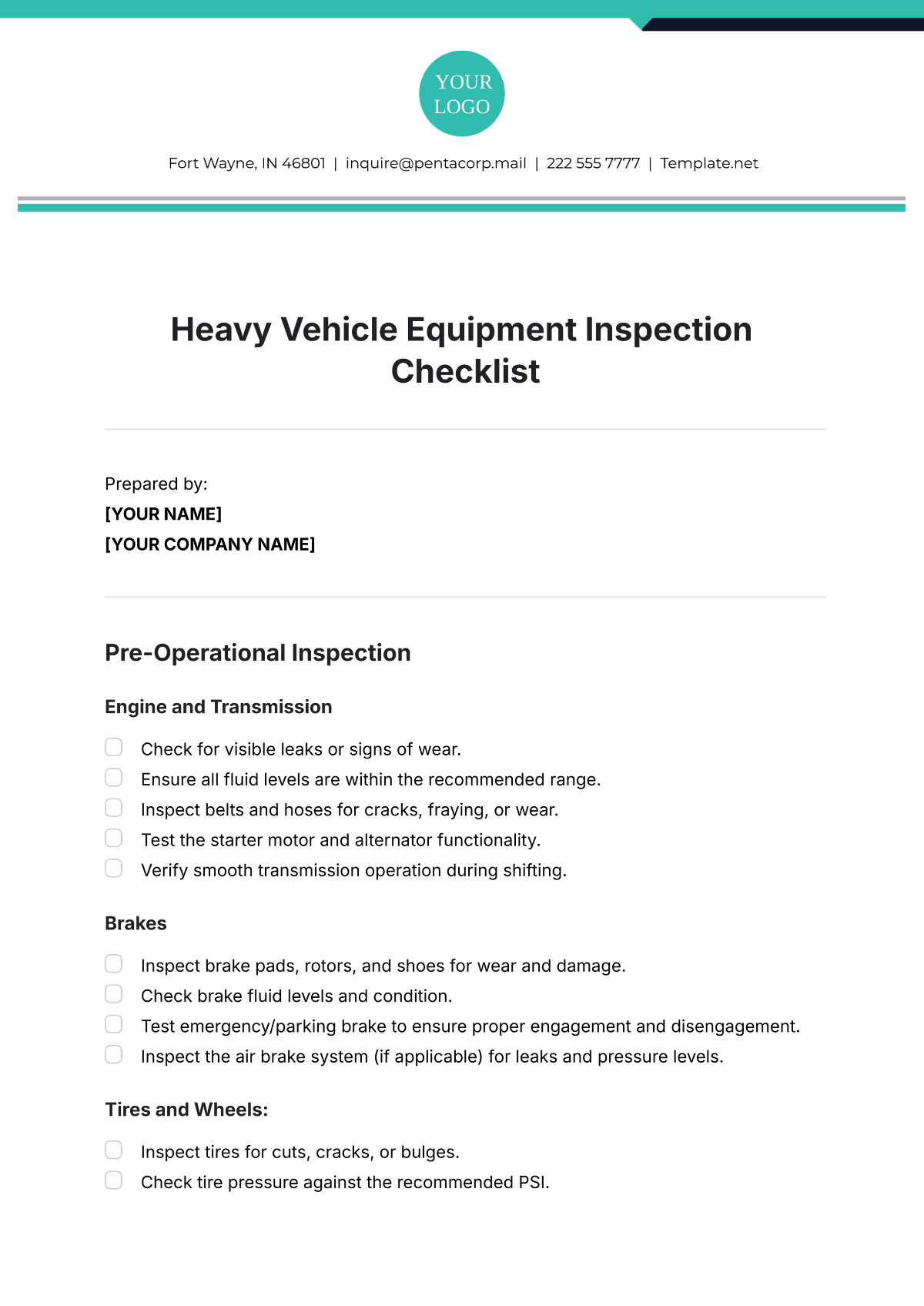 Heavy Vehicle Equipment Inspection Checklist Template - Edit Online & Download