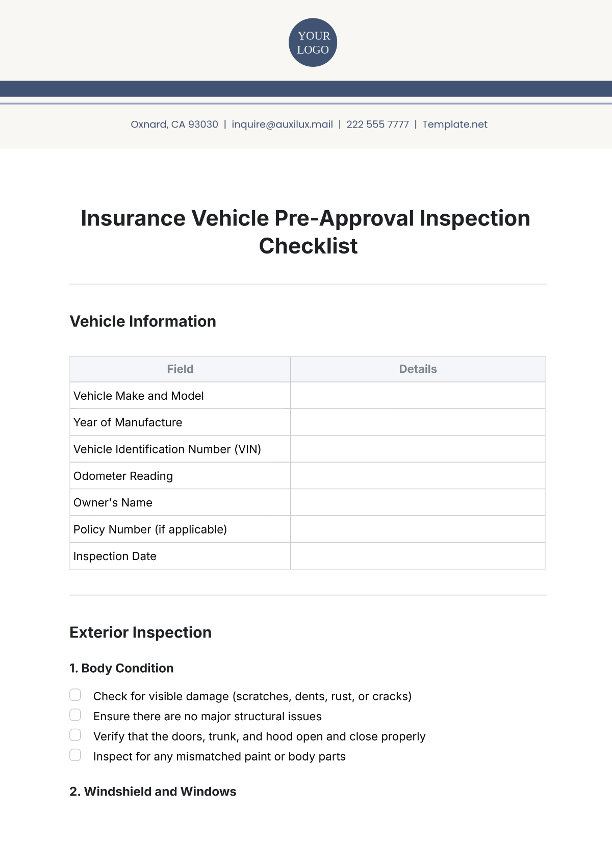 Insurance Vehicle Pre-Approval Inspection Checklist Template - Edit Online & Download