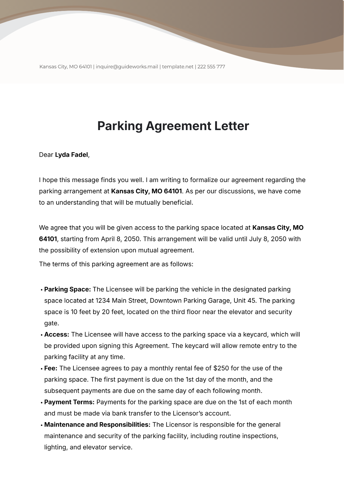 Parking Agreement Letter Template - Edit Online & Download