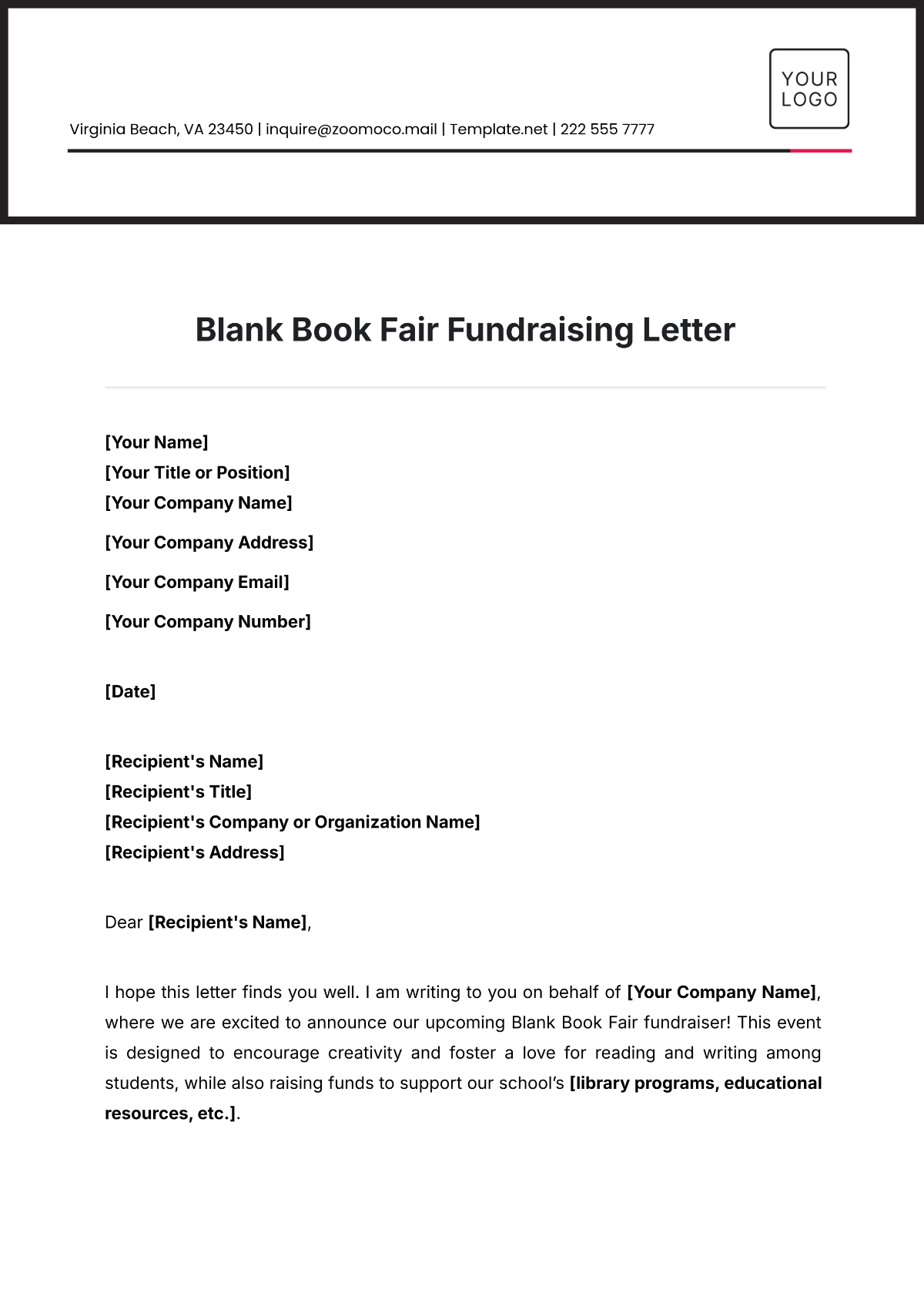 Blank Book Fair Fundraising Letter Template - Edit Online & Download