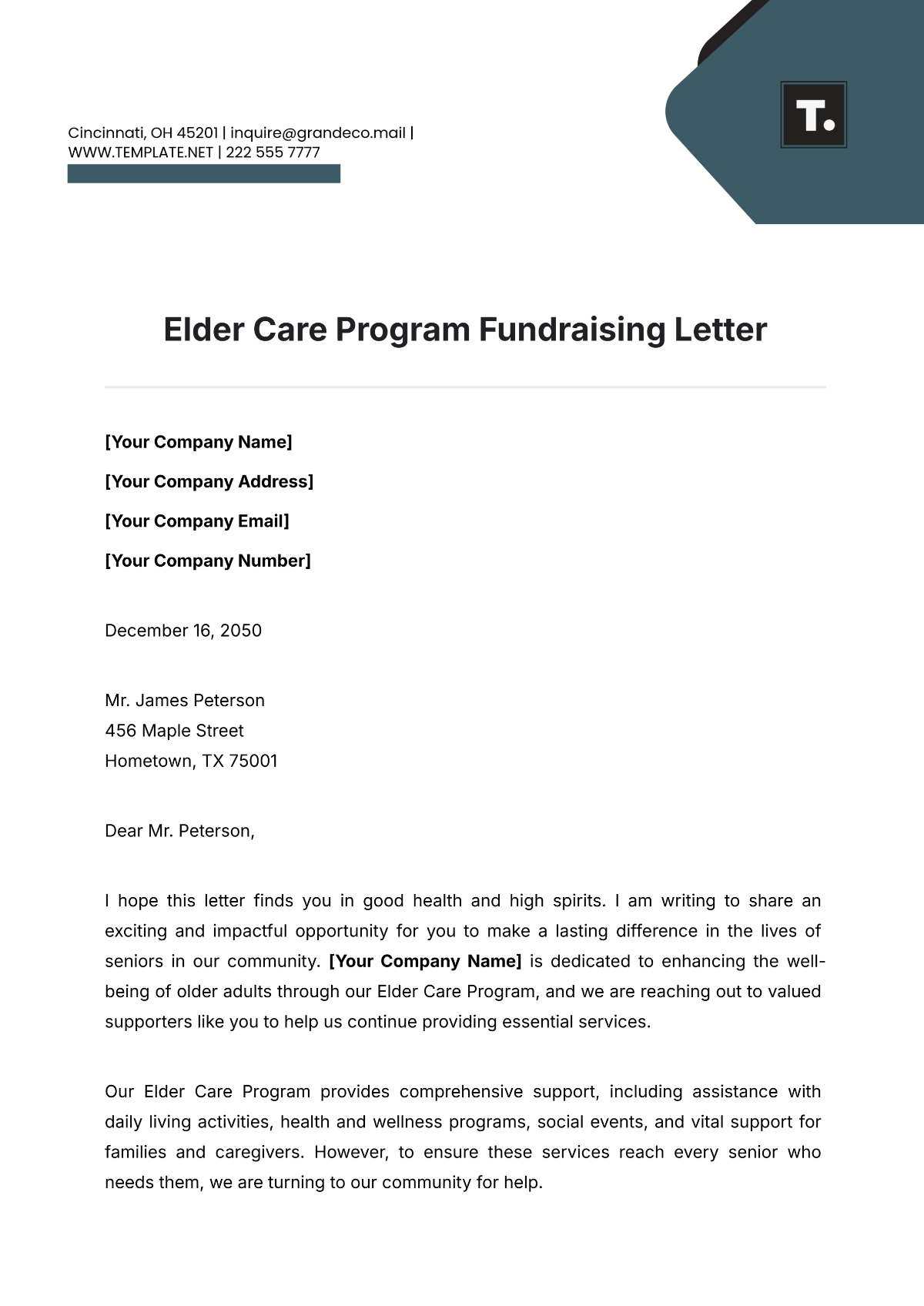 Elder Care Program Fundraising Letter Template