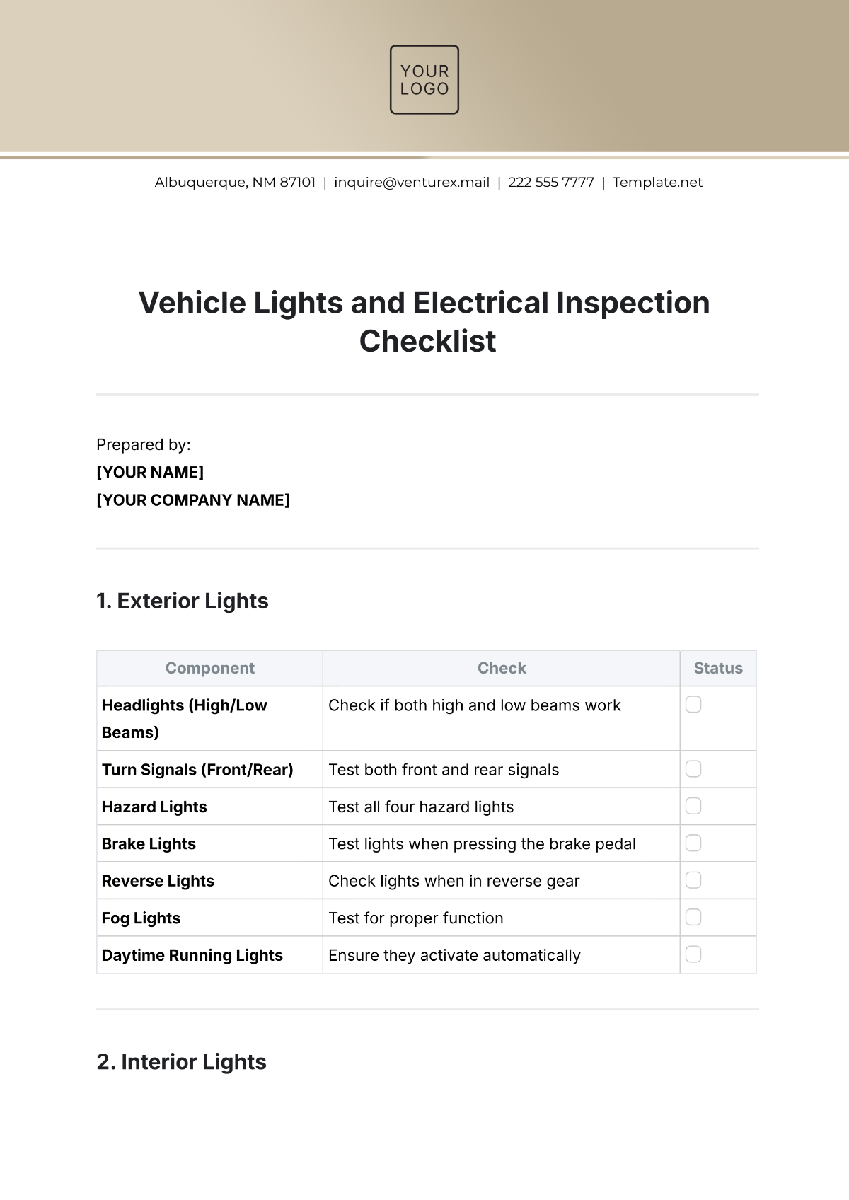 Vehicle Lights and Electrical Inspection Checklist Template - Edit Online & Download